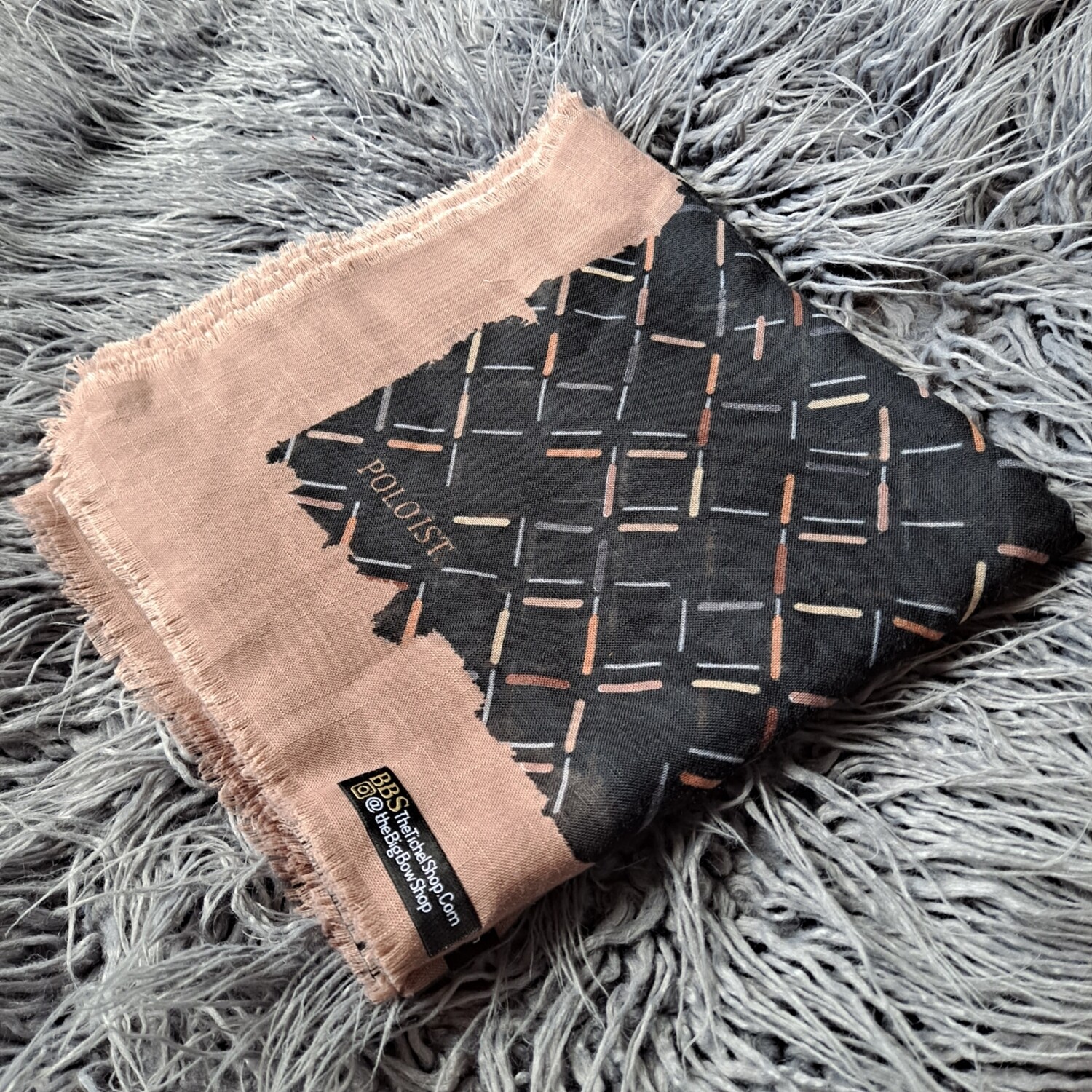 Tan/black- squares soft fringes tichel