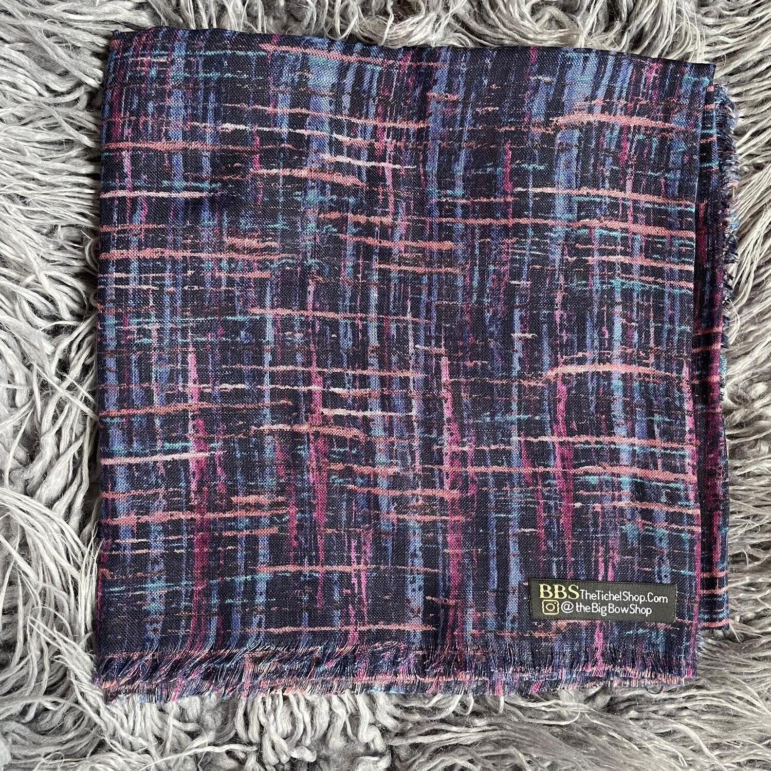Navy/pink  - lines patterned soft fringes tichel
