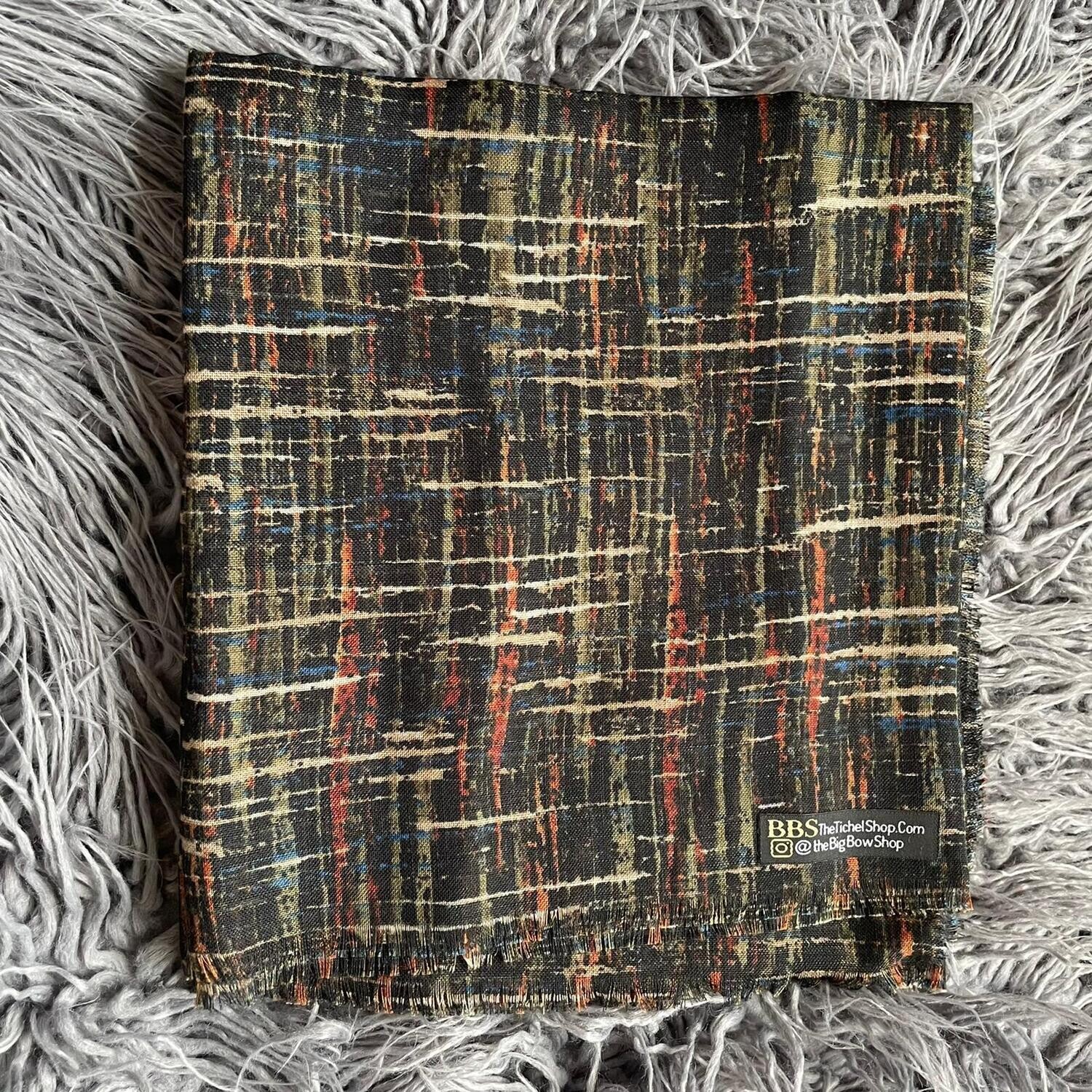 Black/orange/blue - lines patterned soft fringes tichel