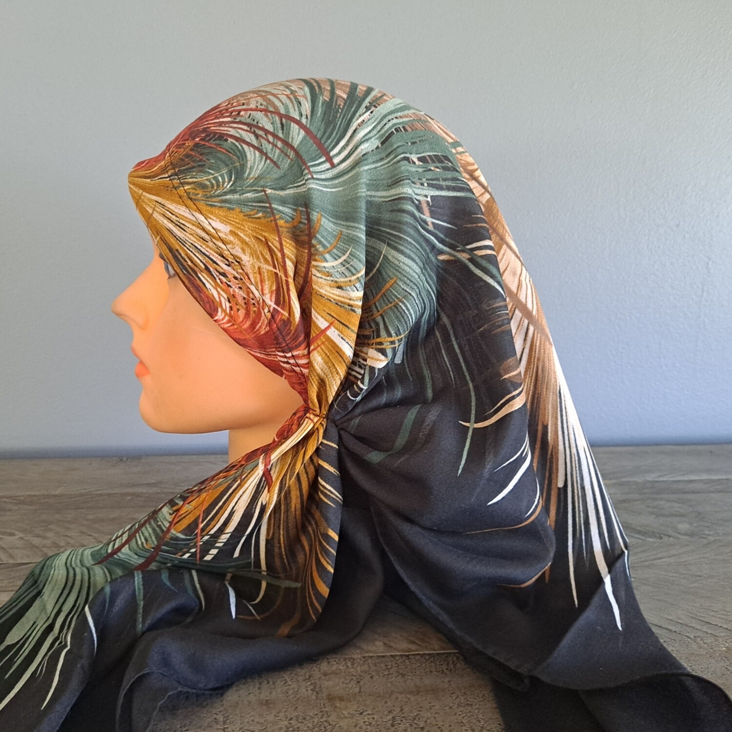 Beautiful black/green long back pre-tied kerchief w/band sewn in  - Turkish thin material
