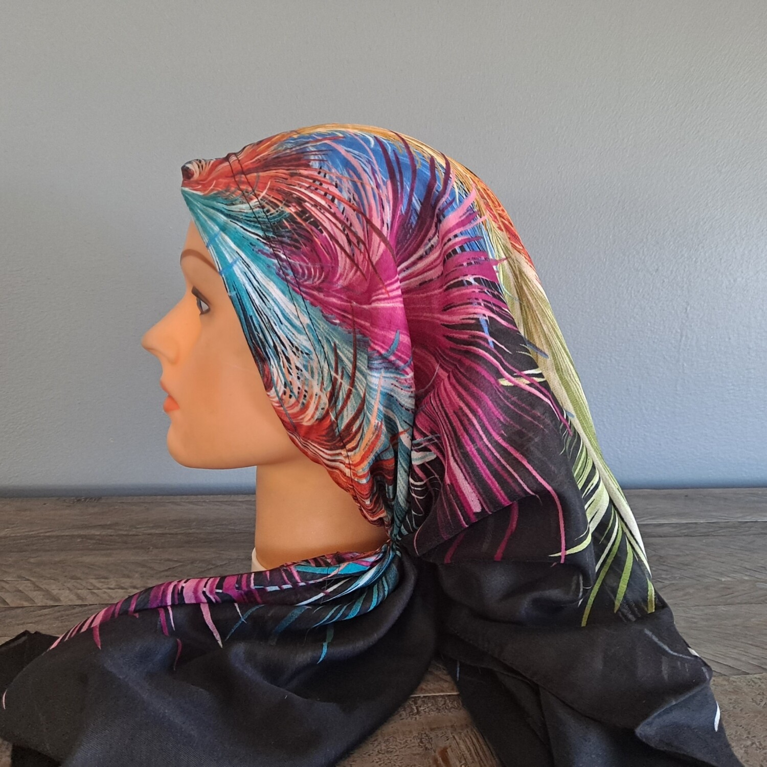 Beautiful black/pinks long back pre-tied kerchief w/band sewn in  - Turkish thin material