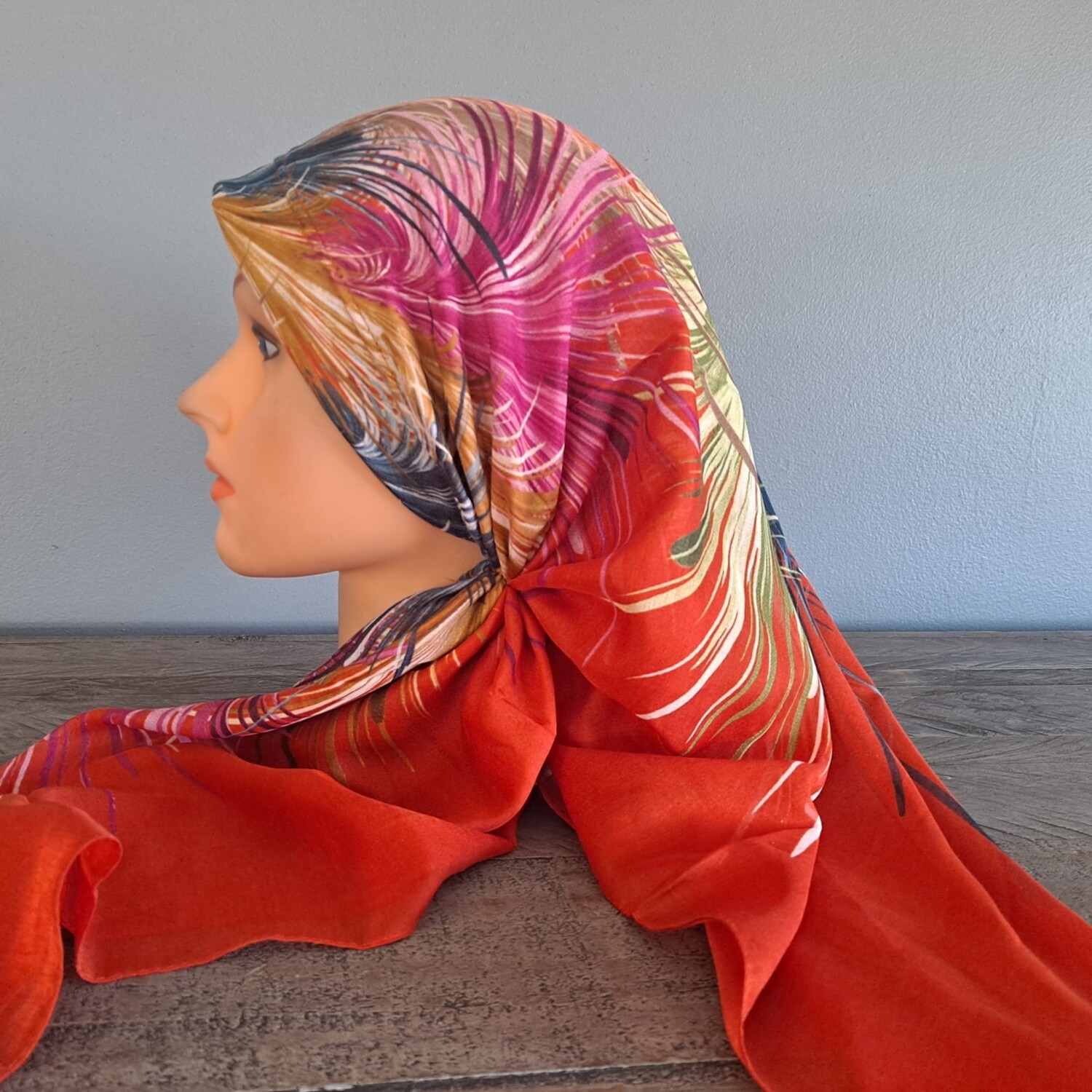 Beautiful reddish/rust long back pre-tied kerchief w/band sewn in  - Turkish thin material