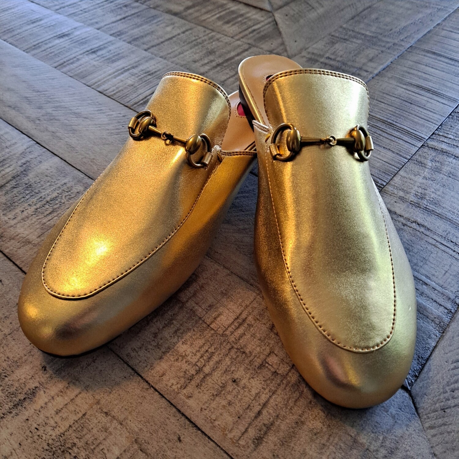 Metallic gold leather mules