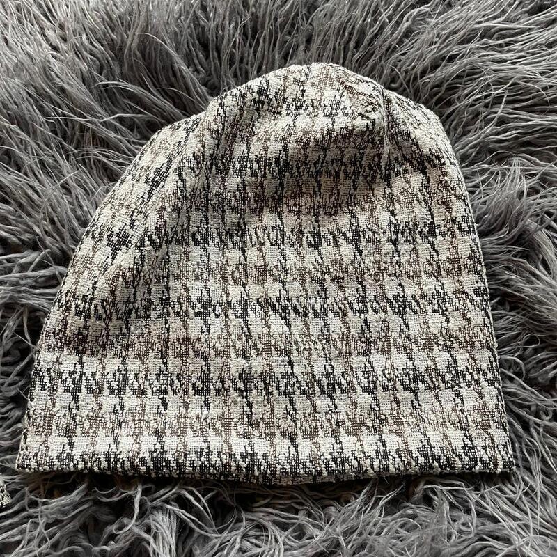 White/brownish olive patterned - mid weight Fall/Winter beanie