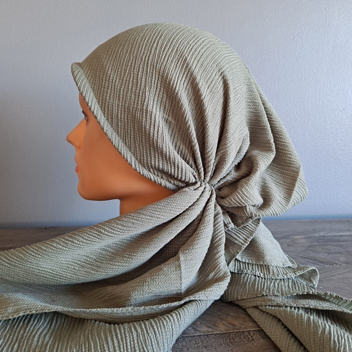 Sage solid gauzy pre-tied tichel