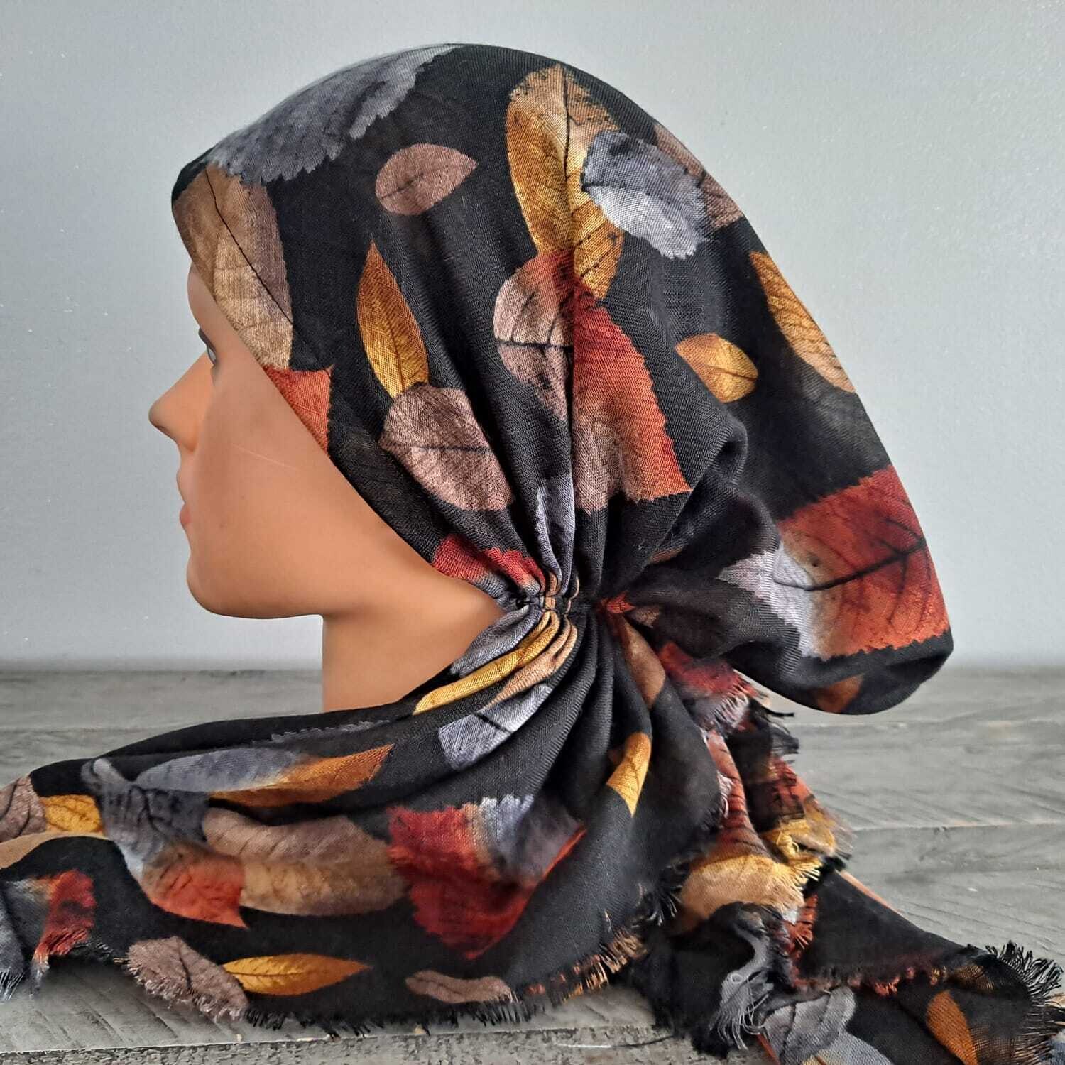 Black/pumpkin colored leaves - soft fringes pretied tichel w/band sewn in