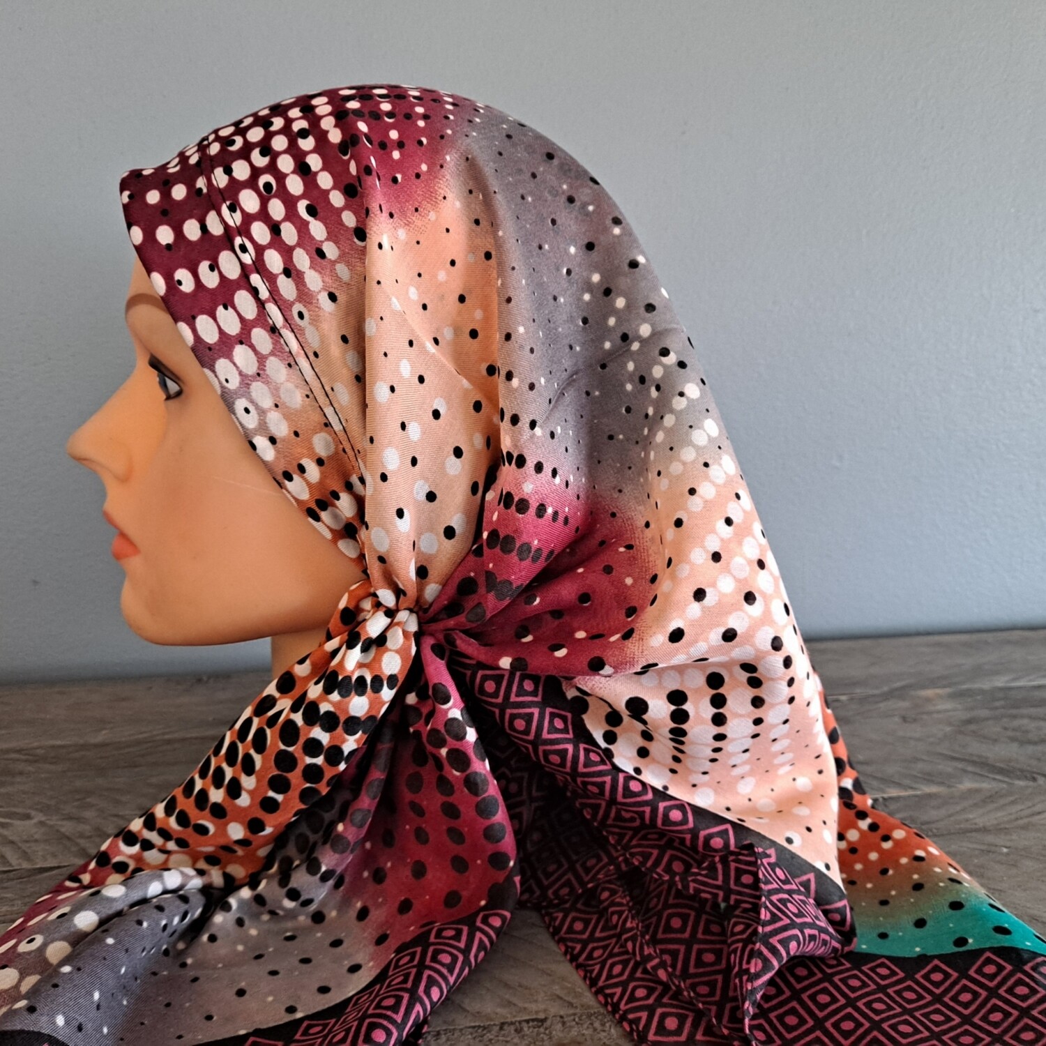 Burgundy/black long back pre-tied kerchief w/band sewn in  -Turkish thin material