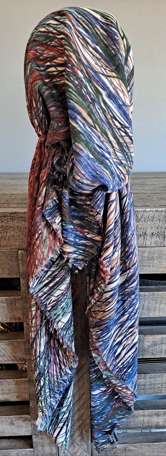 Blue/green n' more paint lines  - soft fringes pretied tichel