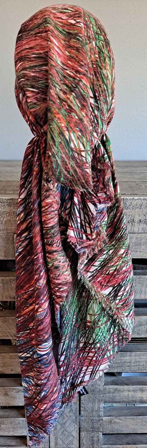 Red/grass green n' more paint lines  - soft fringes pretied tichel