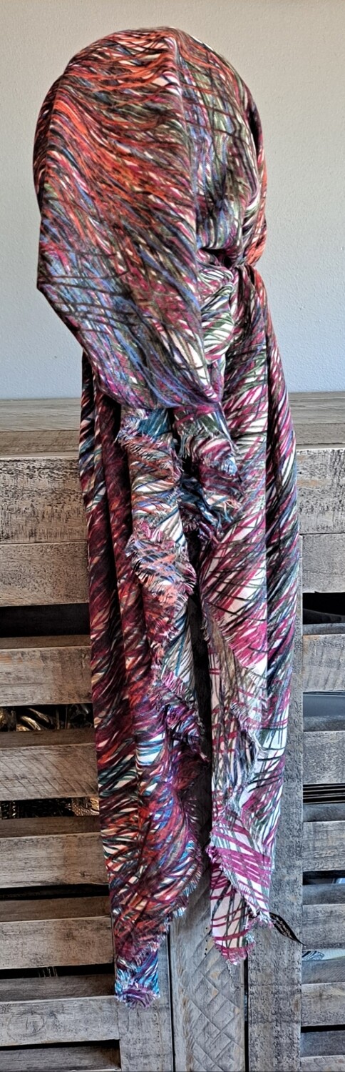 Deep pink/green n' more paint lines  - soft fringes pretied tichel