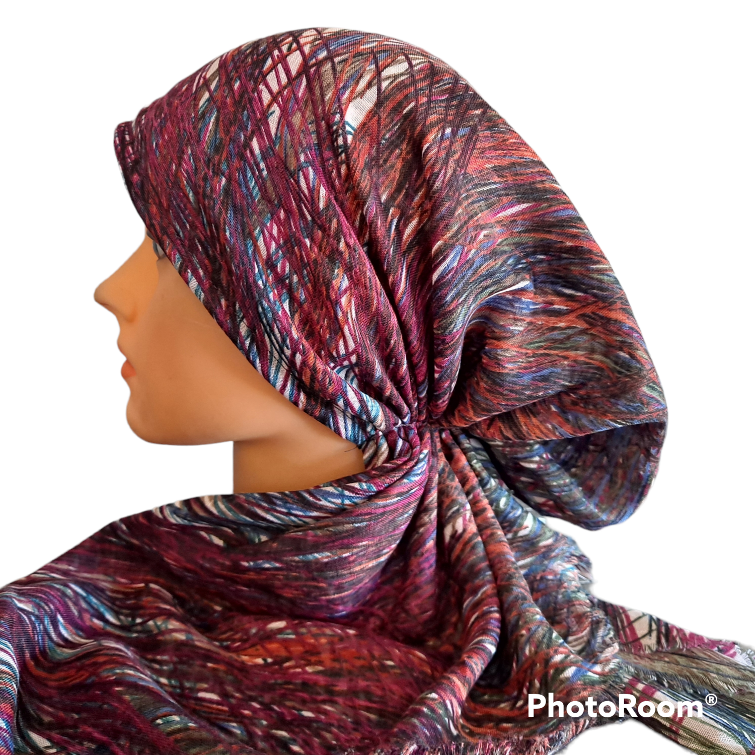 Deep pink/green n&#39; more paint lines  - soft fringes pretied tichel
