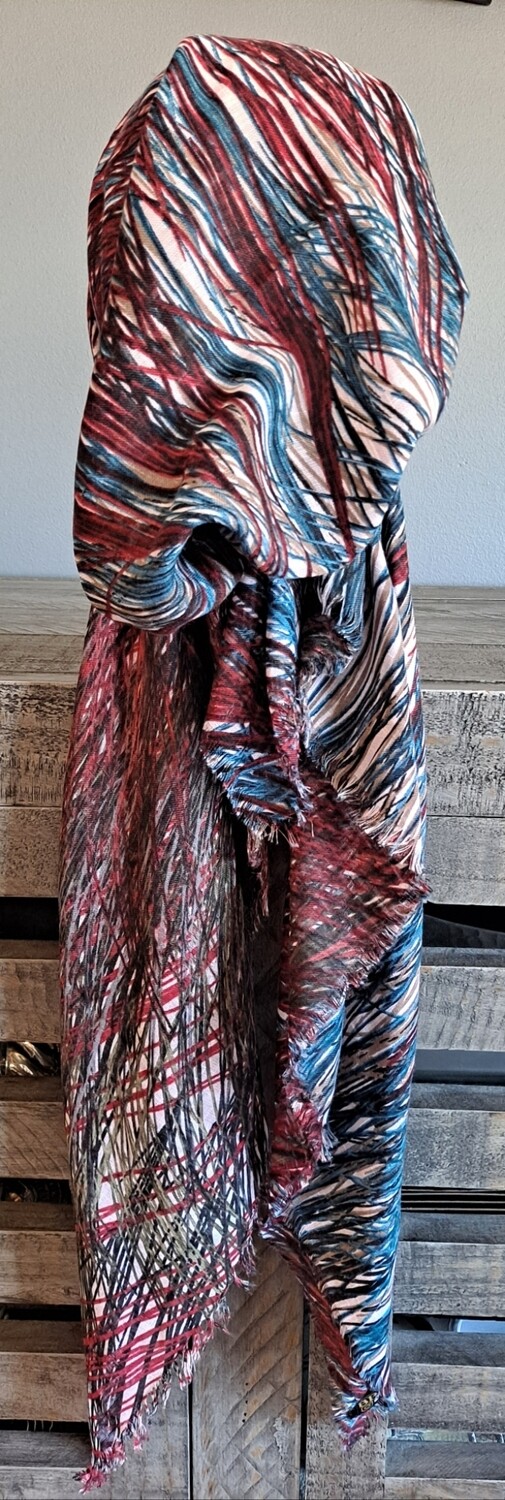 Red/teal n' more paint lines  - soft fringes pretied tichel