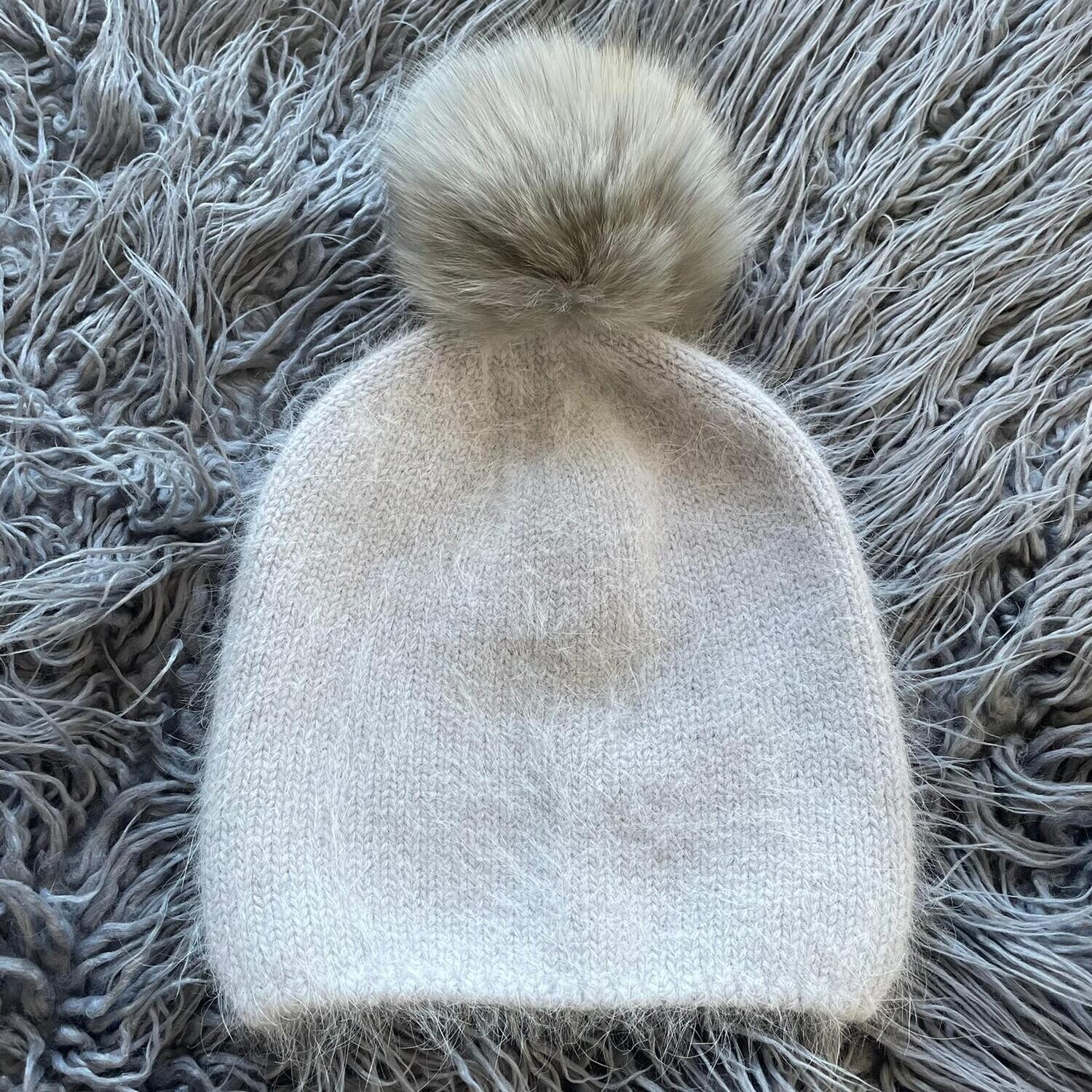 Luxurious winter hats w/fur pom pom, choose: taupe