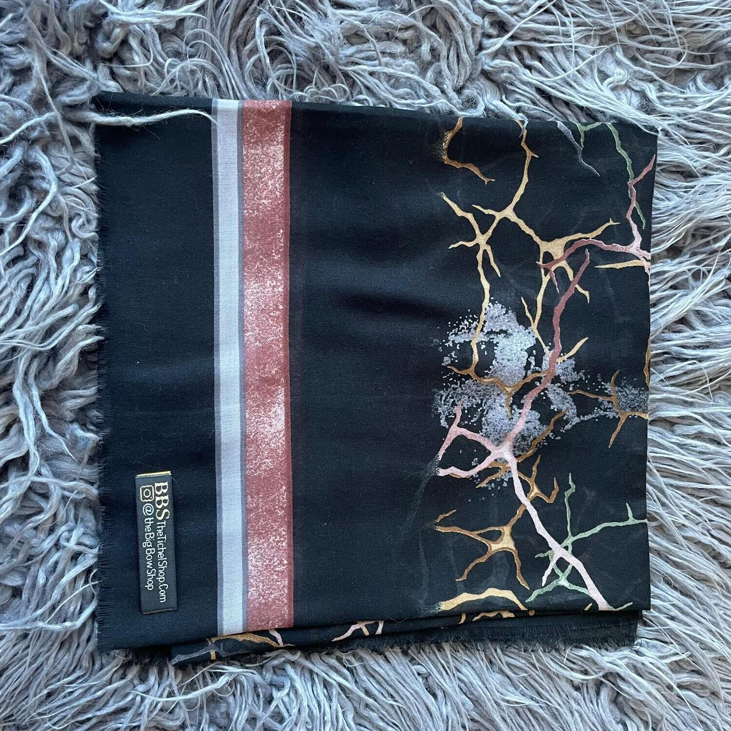 Black/mauve -lightning patterns soft fringes tichel