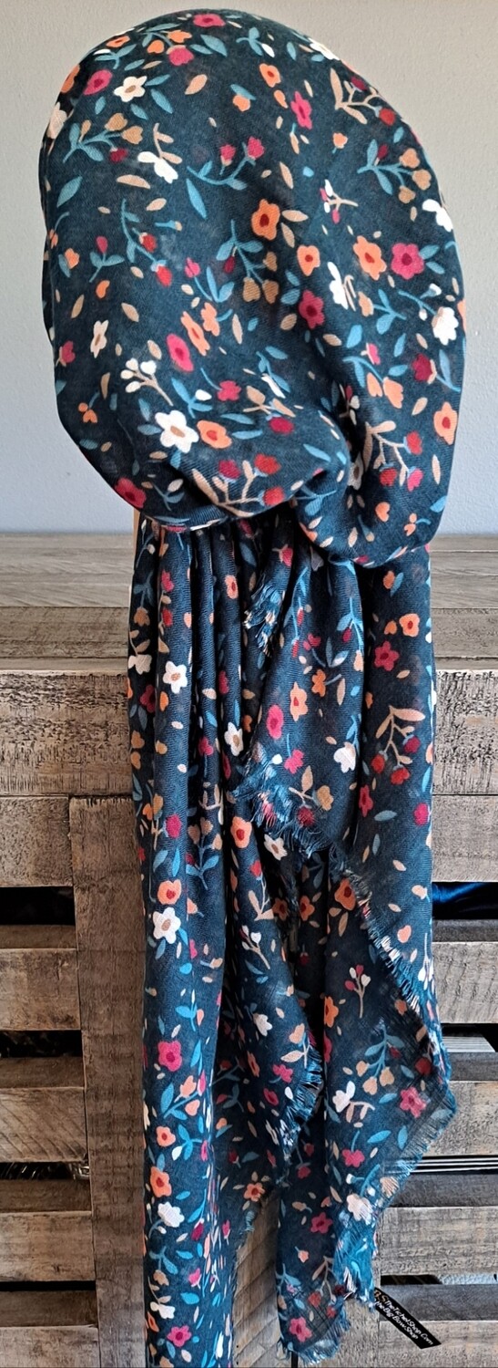 Teal n' more mini floral pattern  - soft fringes pretied tichel