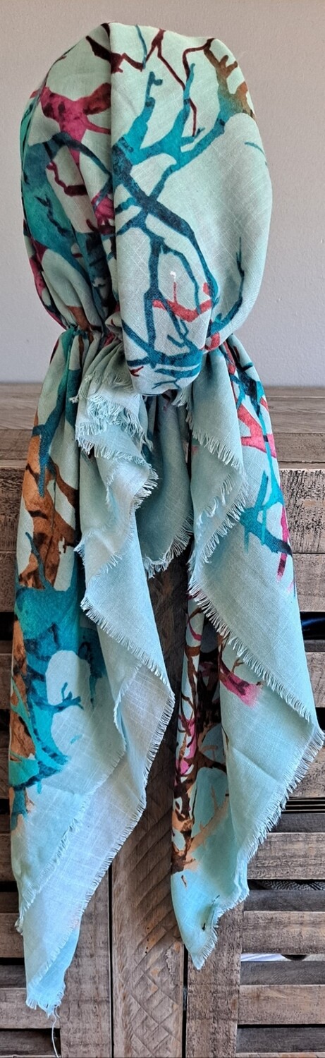 Turquoise n' more branches pattern  - soft fringes pretied tichel