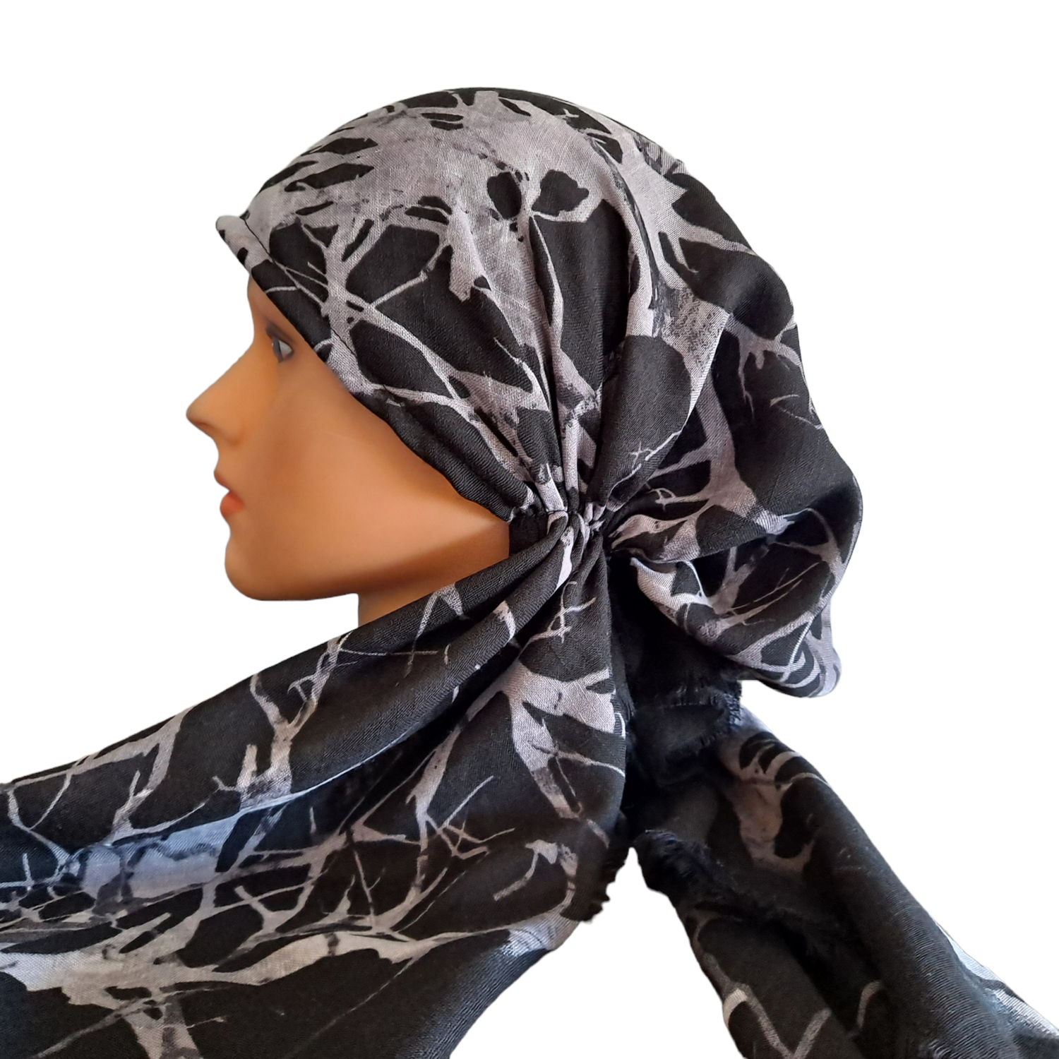 Black/gray n&#39; more branches pattern  - soft fringes pretied tichel