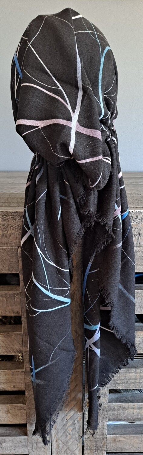 Black/blue n' more thin branches pattern  - soft fringes pretied tichel