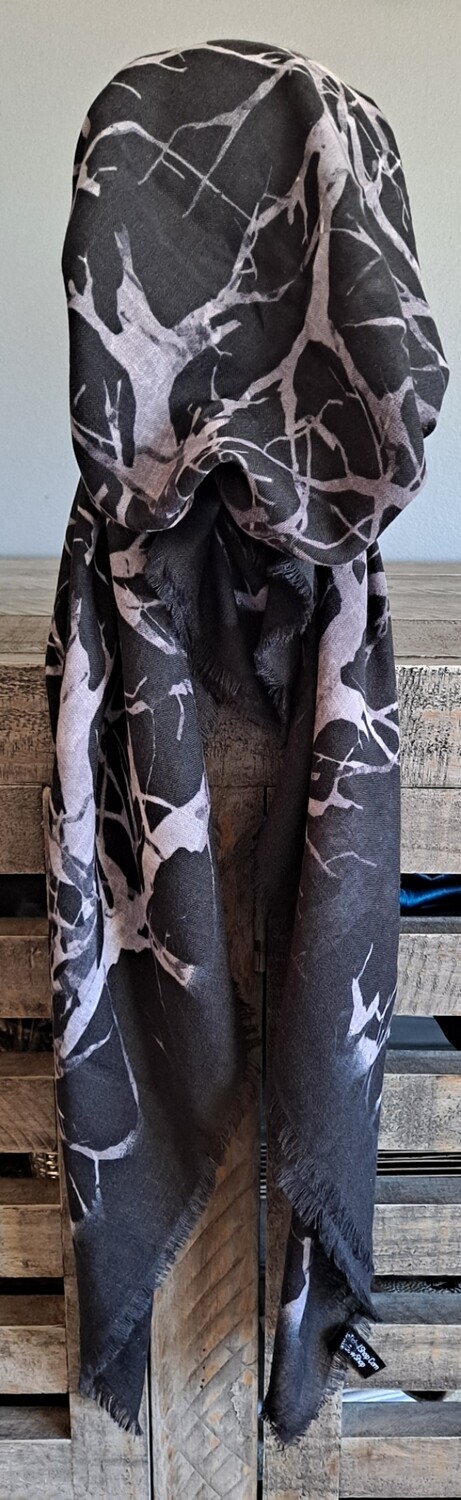 Black/gray n' more branches pattern  - soft fringes pretied tichel