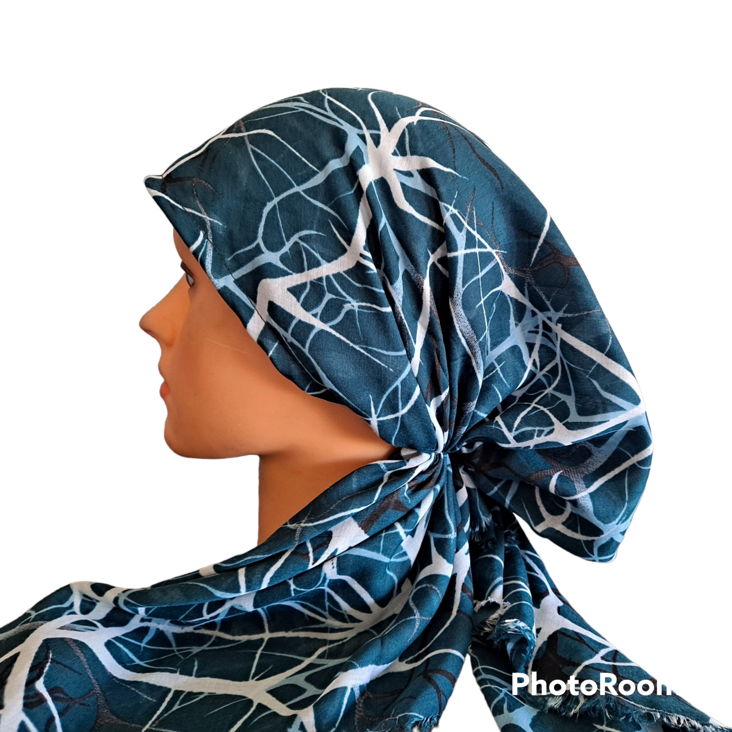 Teal lightning strikes - Turkish soft fringed pretied tichel w/band sewn in (BBS)