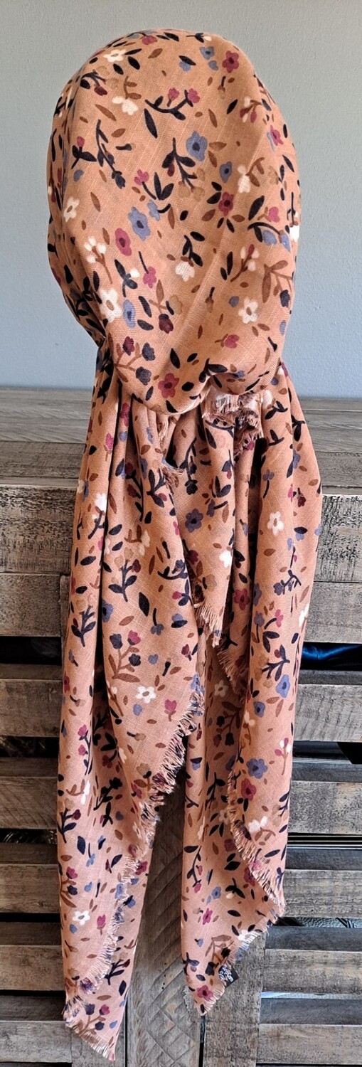Tan n' more mini floral pattern  - soft fringes pretied tichel