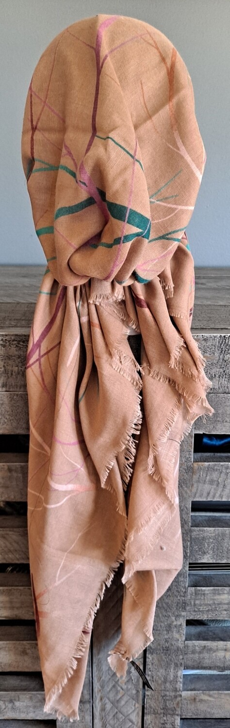 Tan n' more thin branches pattern  - soft fringes pretied tichel