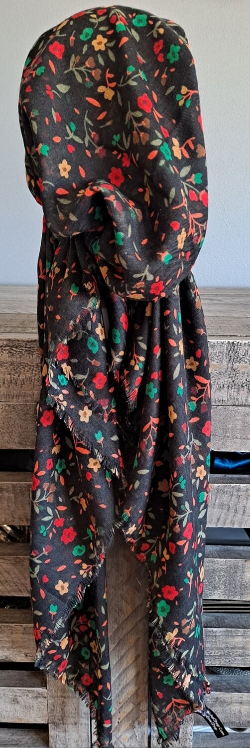 Black/colorful mini floral pattern  - soft fringes pretied tichel