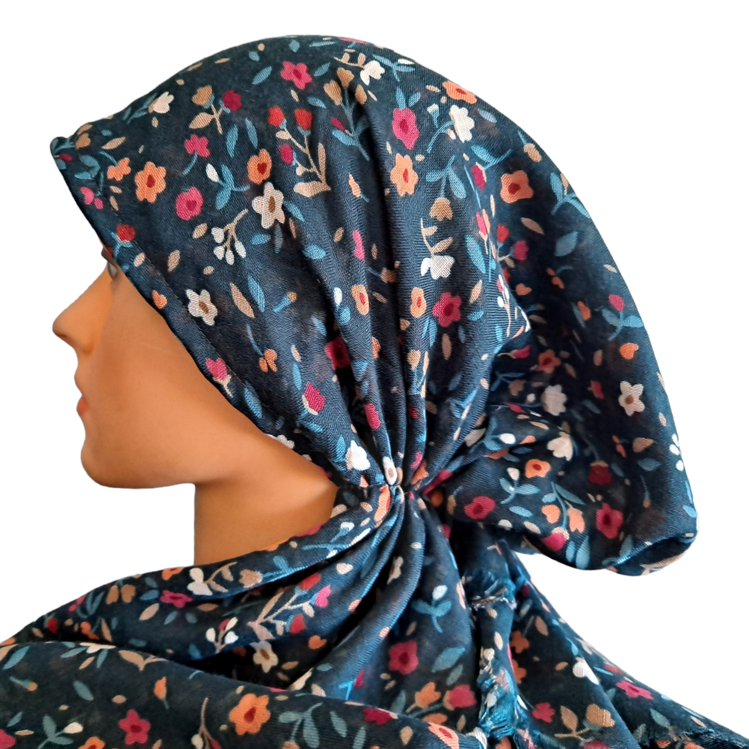 Teal n&#39; more mini floral pattern  - soft fringes pretied tichel