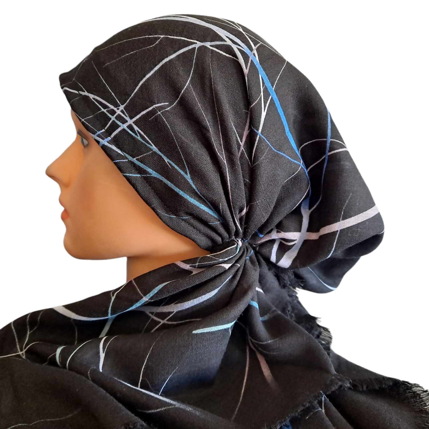 Black/blue n&#39; more thin branches pattern  - soft fringes pretied tichel