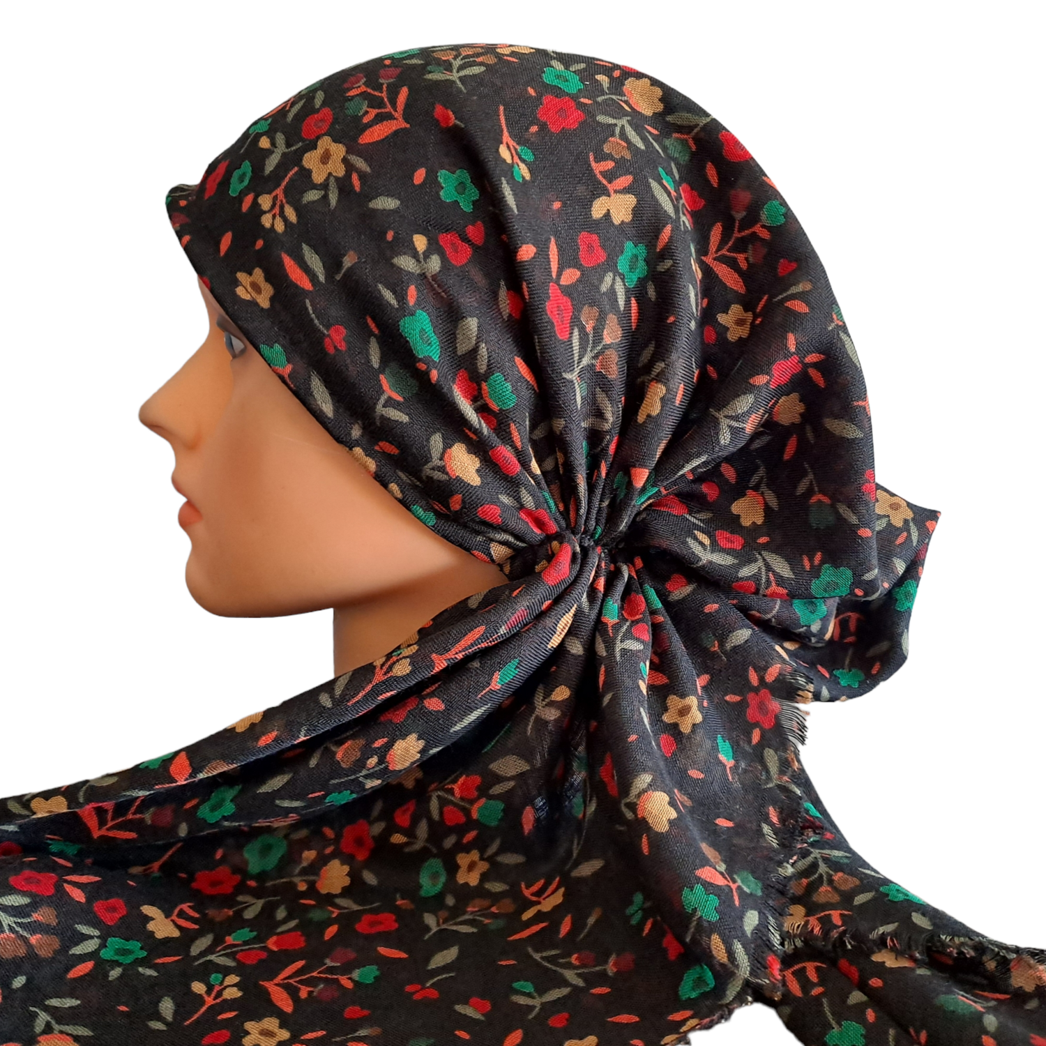 Black/colorful mini floral pattern  - soft fringes pretied tichel