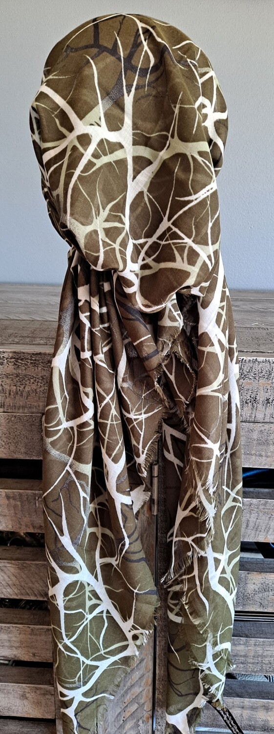 Olive lightning strikes - Turkish soft fringed pretied tichel w/band sewn in (BBS)