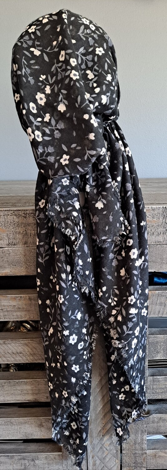 Black/white mini floral pattern  - soft fringes pretied tichel