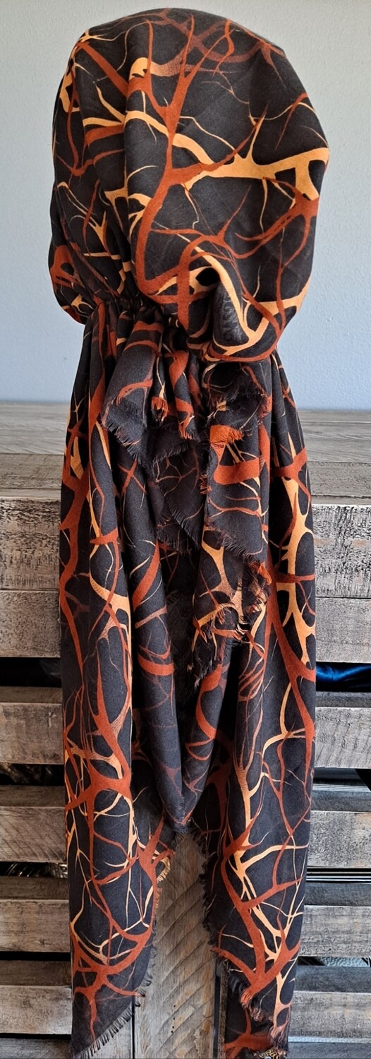 Black/orange lightning strikes - Turkish soft fringed pretied tichel w/band sewn in (BBS)