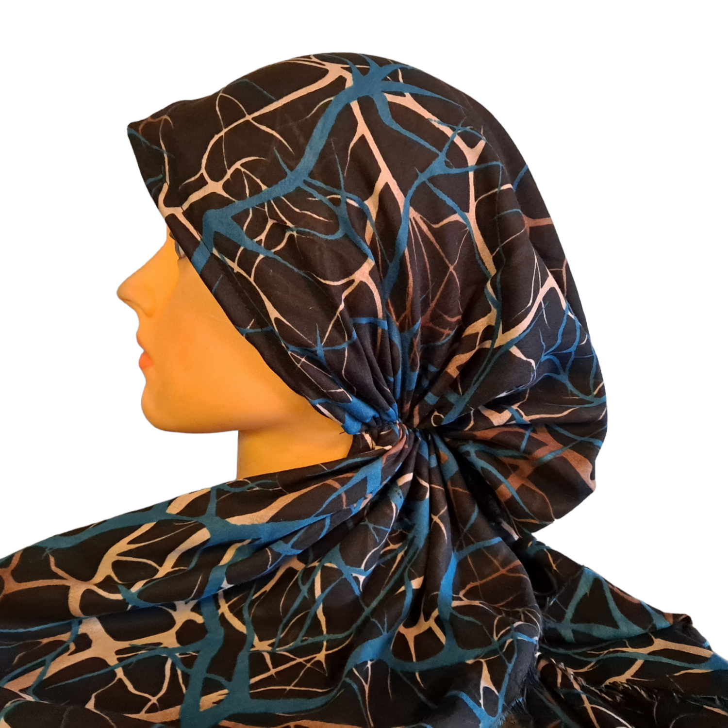 Black/blue lightning strikes - Turkish soft fringed pretied tichel w/band sewn in (BBS)
