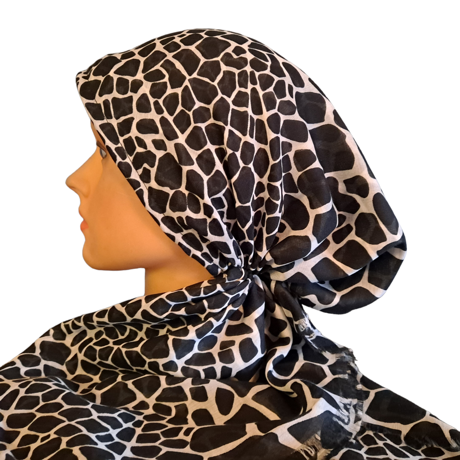 Black/white animal pattern - Turkish soft fringed pretied tichel w/band sewn in (BBS)