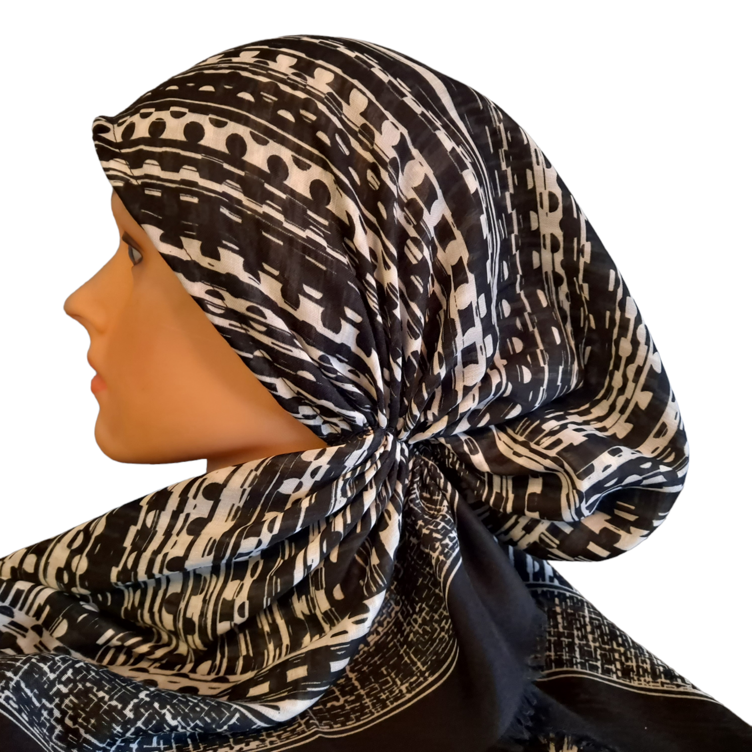 Black/white pattern - Turkish soft fringed pretied tichel w/band sewn in (BBS)