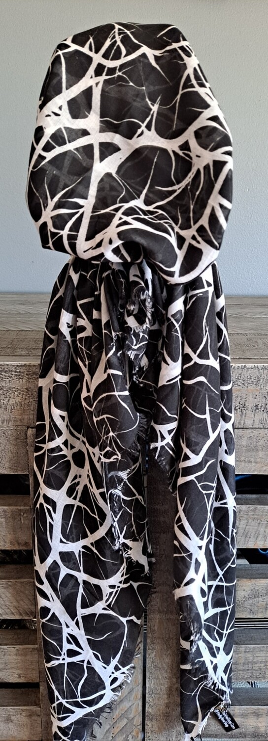 Black/white lightning strikes - Turkish soft fringed pretied tichel w/band sewn in (BBS)