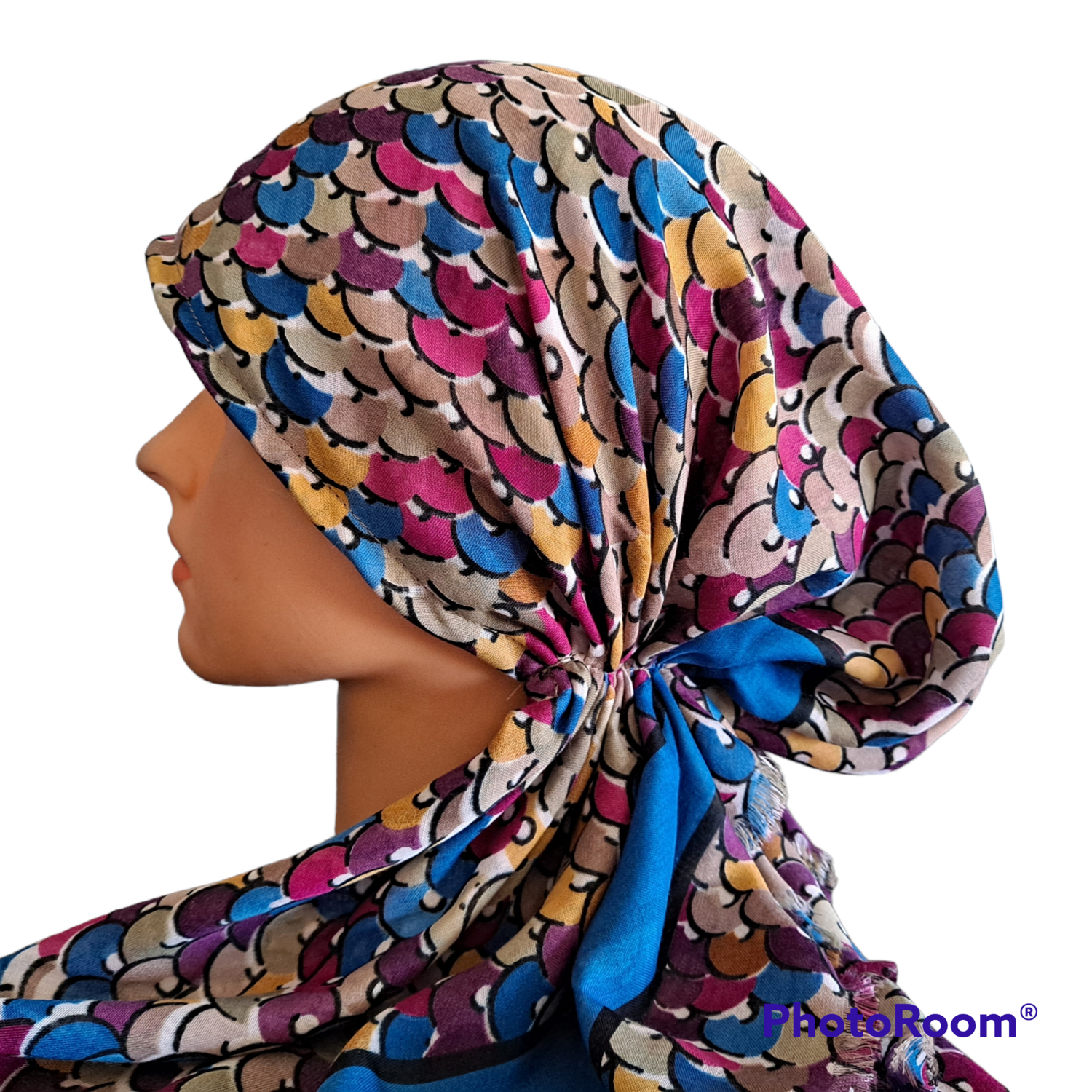 Blue discs pattern - Turkish soft fringed pretied tichel w/band sewn in (BBS)