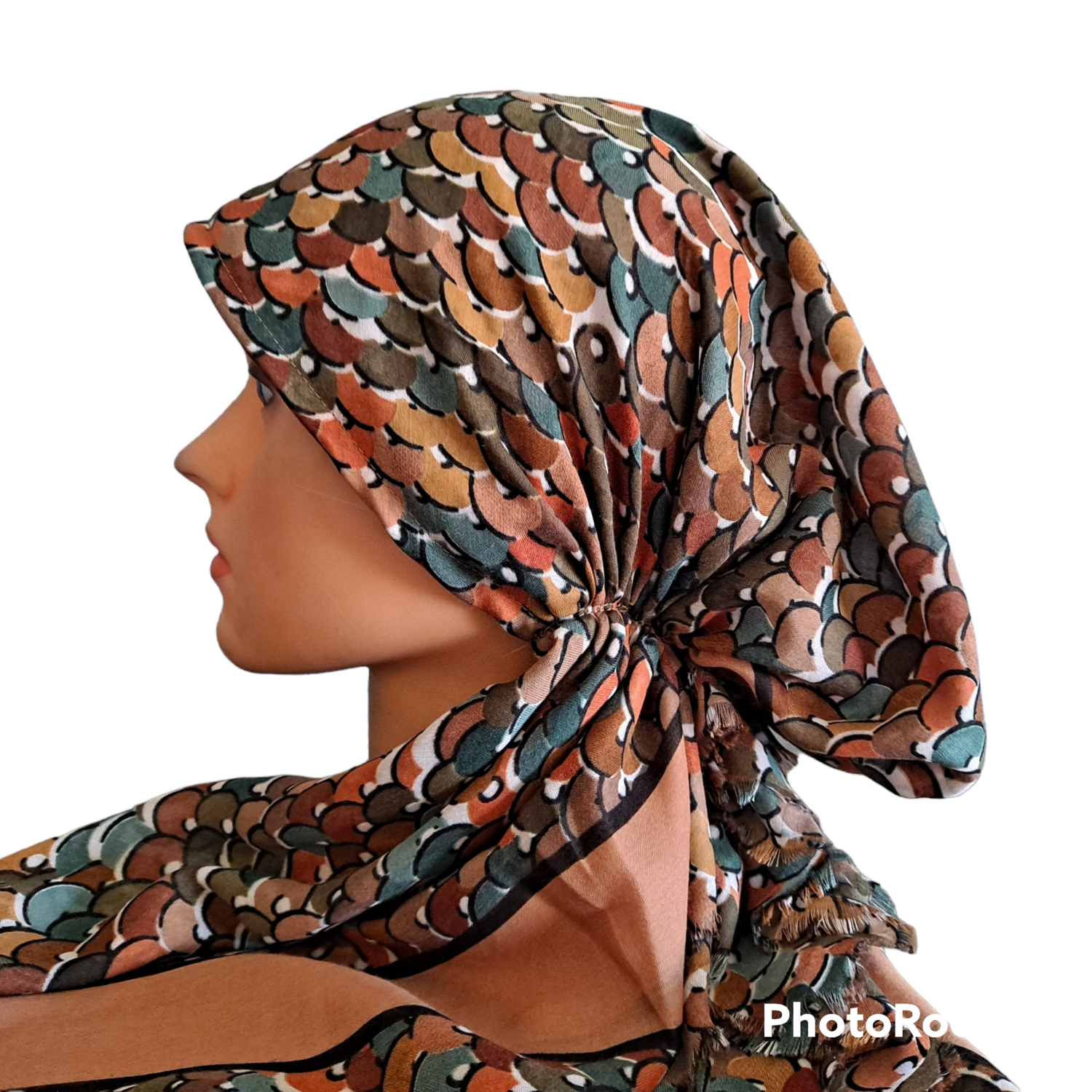 Goldish tan discs pattern - Turkish soft fringed pretied tichel w/band sewn in (BBS)