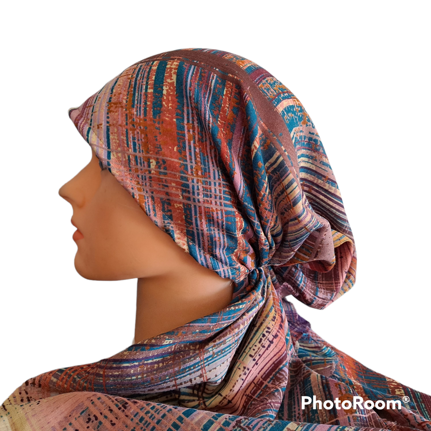 Eggplant lines - Turkish soft fringed pretied tichel w/band sewn in (BBS)