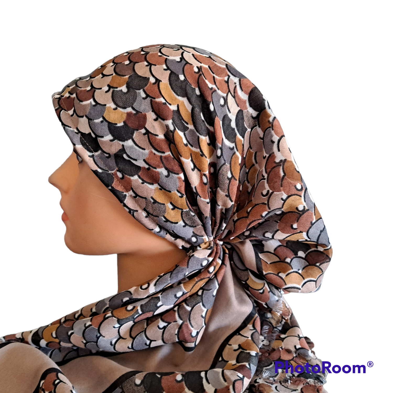 Tan discs pattern - Turkish soft fringed pretied tichel w/band sewn in (BBS)