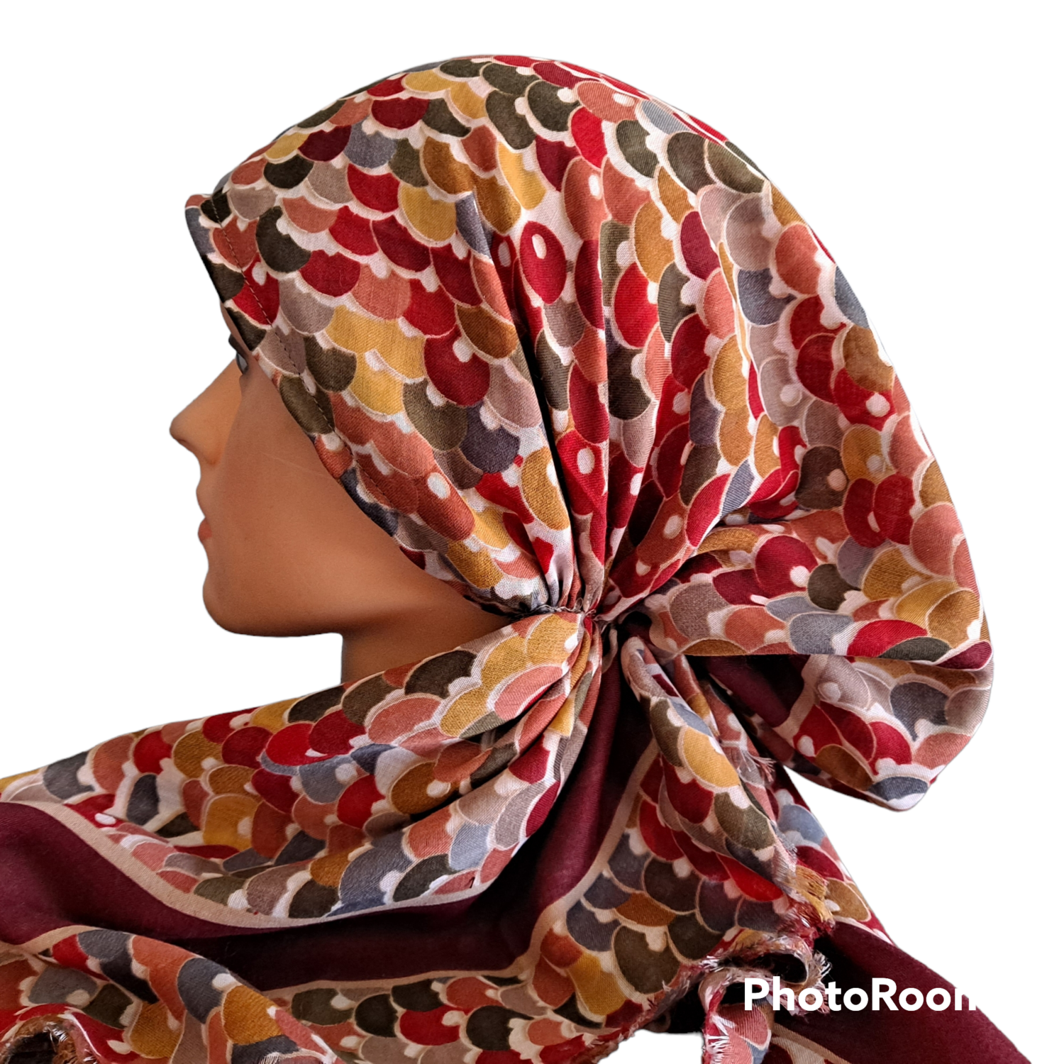 Maroon discs pattern - Turkish soft fringed pretied tichel w/band sewn in (BBS)