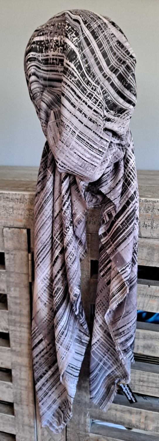 Black/gray lines - Turkish soft fringed pretied tichel w/band sewn in (BBS)