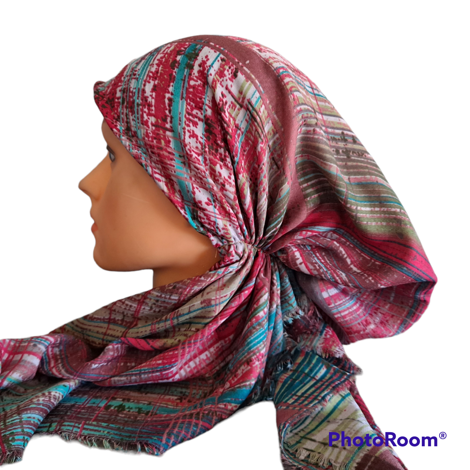 Green lines - Turkish soft fringed pretied tichel w/band sewn in (BBS)