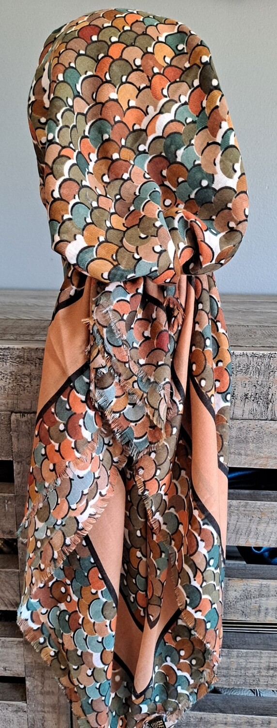 Goldish tan discs pattern - Turkish soft fringed pretied tichel w/band sewn in (BBS)