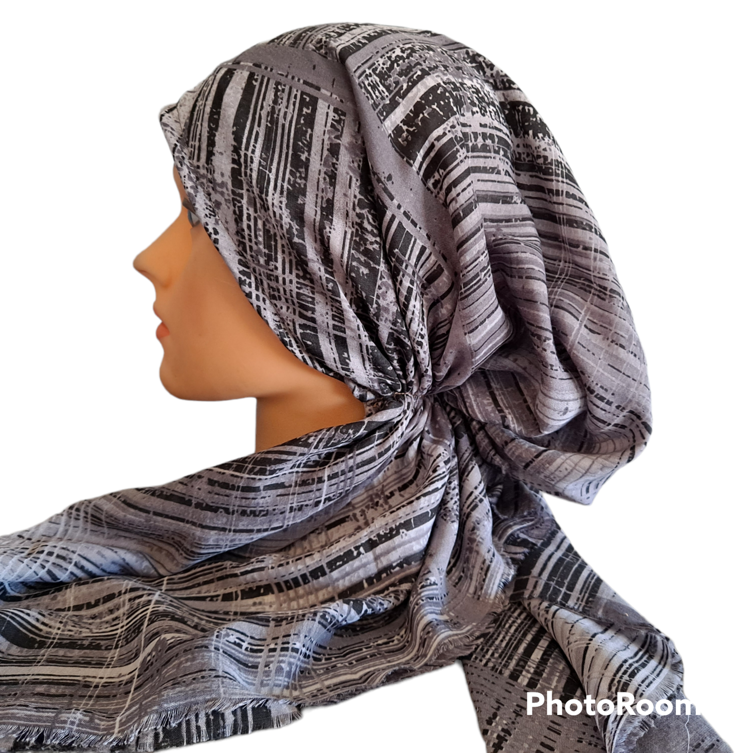 Black/gray lines - Turkish soft fringed pretied tichel w/band sewn in (BBS)