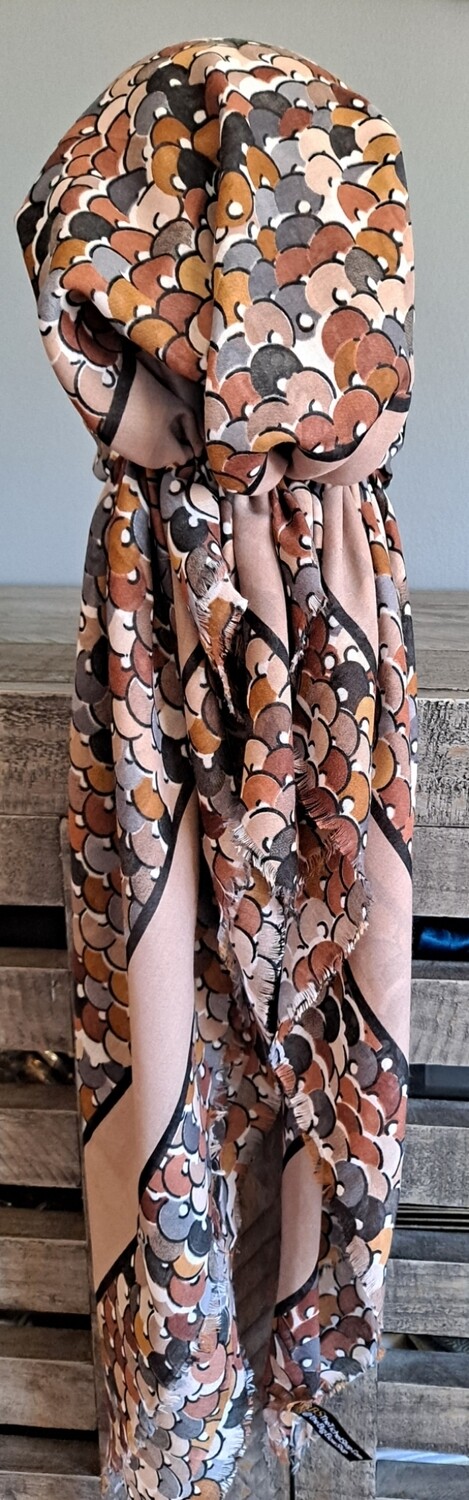 Tan discs pattern - Turkish soft fringed pretied tichel w/band sewn in (BBS)