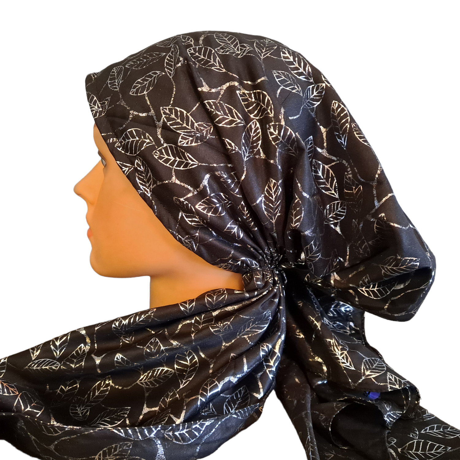 Black/silver small leaves pattern pre-tied tichel w/band sewn in (BBS)