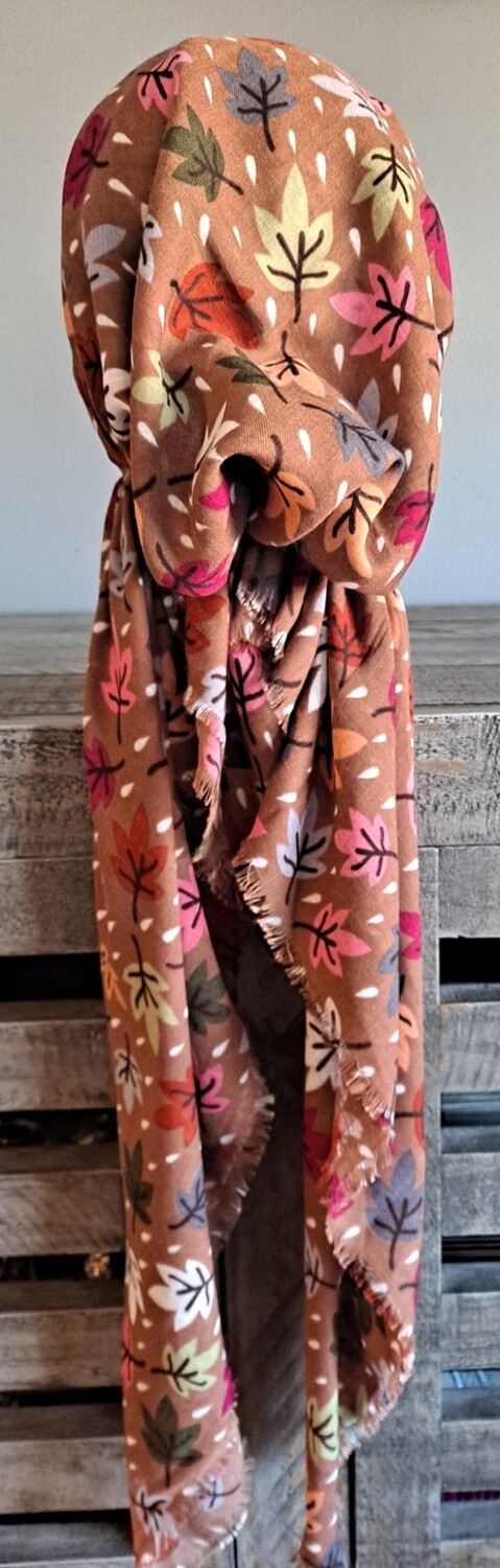 Medium brown - seasonal leaves  - soft fringes pretied tichel