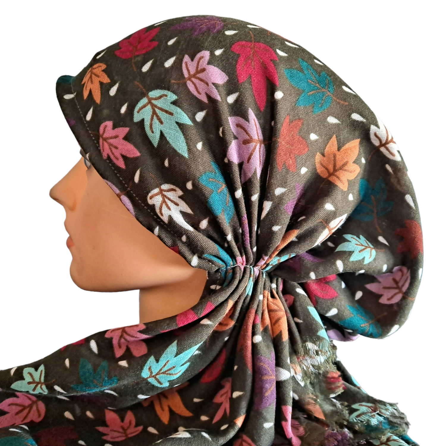 Olive - seasonal leaves  - soft fringes pretied tichel